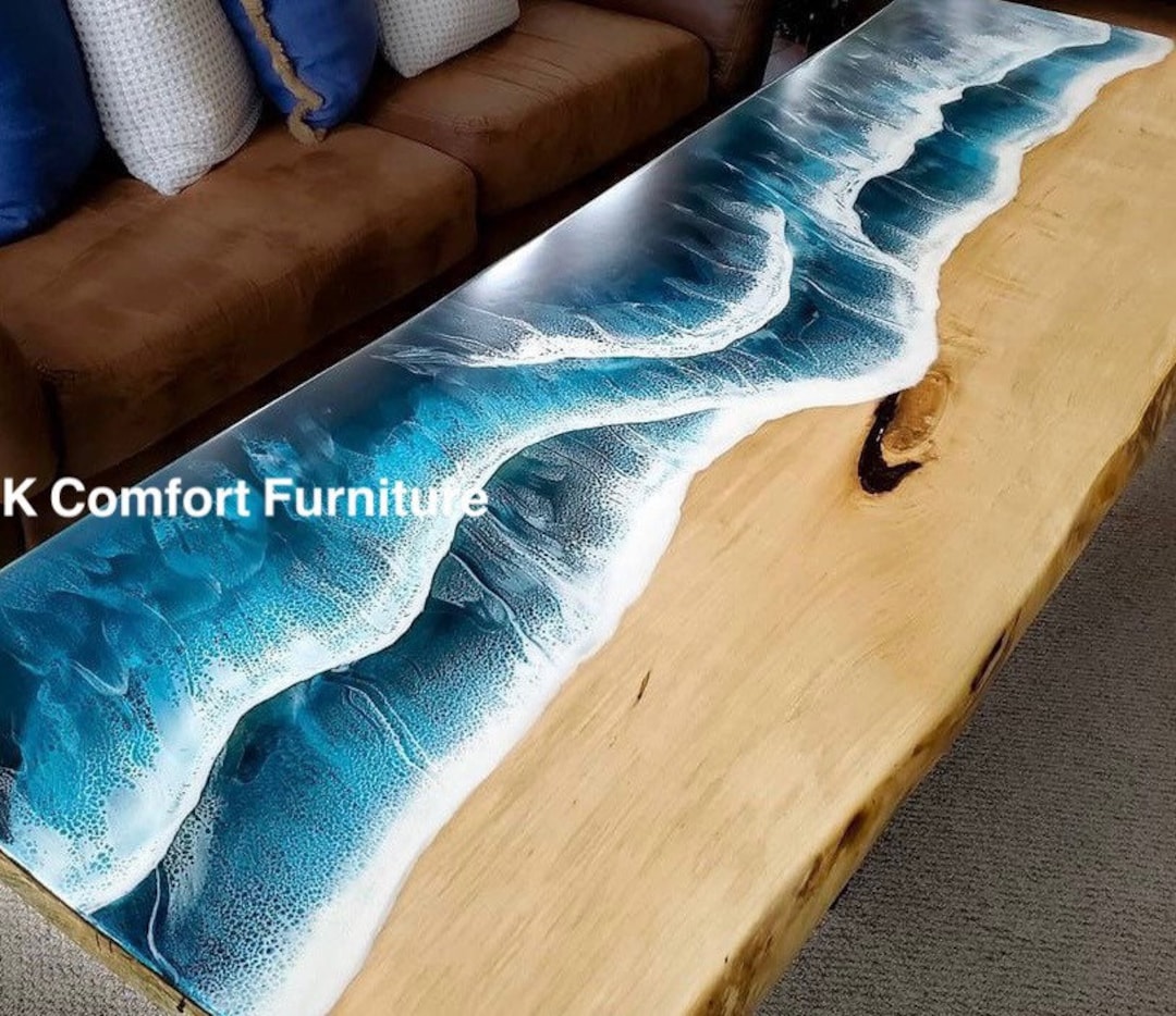Sea Waves Epoxy Table, Live Edge Table, Epoxy Ocean Table, Natural Wood ...