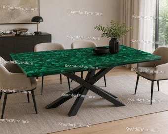 Luxury Random Work Inlay Malachite Dining Table – Modern Minimalist Stone Centerpiece Tabletop | Handmade Contemporary Dining Room Table |