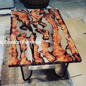 Clear Transparent epoxy Table, Live Edge Table , Epoxy Ocean River , Natural Wood , Clear Dining table, Wood Epoxy Table, Clear Resin Table