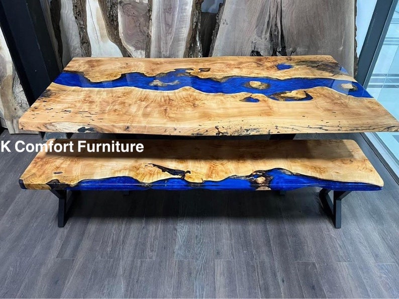 Deep Blue Epoxy Table, Live Edge Table , Epoxy Ocean River , Natural ...