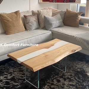 Epoxy weißen Couchtisch, Live Edge Holztisch, Epoxy River, Naturholz, Esstisch, Holz Ozean Epoxy Tisch, weiße Harz Tischplatte