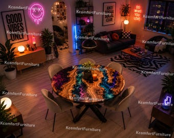Luxury Round Resin River Table – Handmade Live Edge Wood Dining Table with Artistic Epoxy Design Handmade Round Epoxy Dining Tabletop |