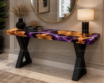 Luxury Olive Wood & Purple Epoxy Resin Console Table | Handmade Entryway Table