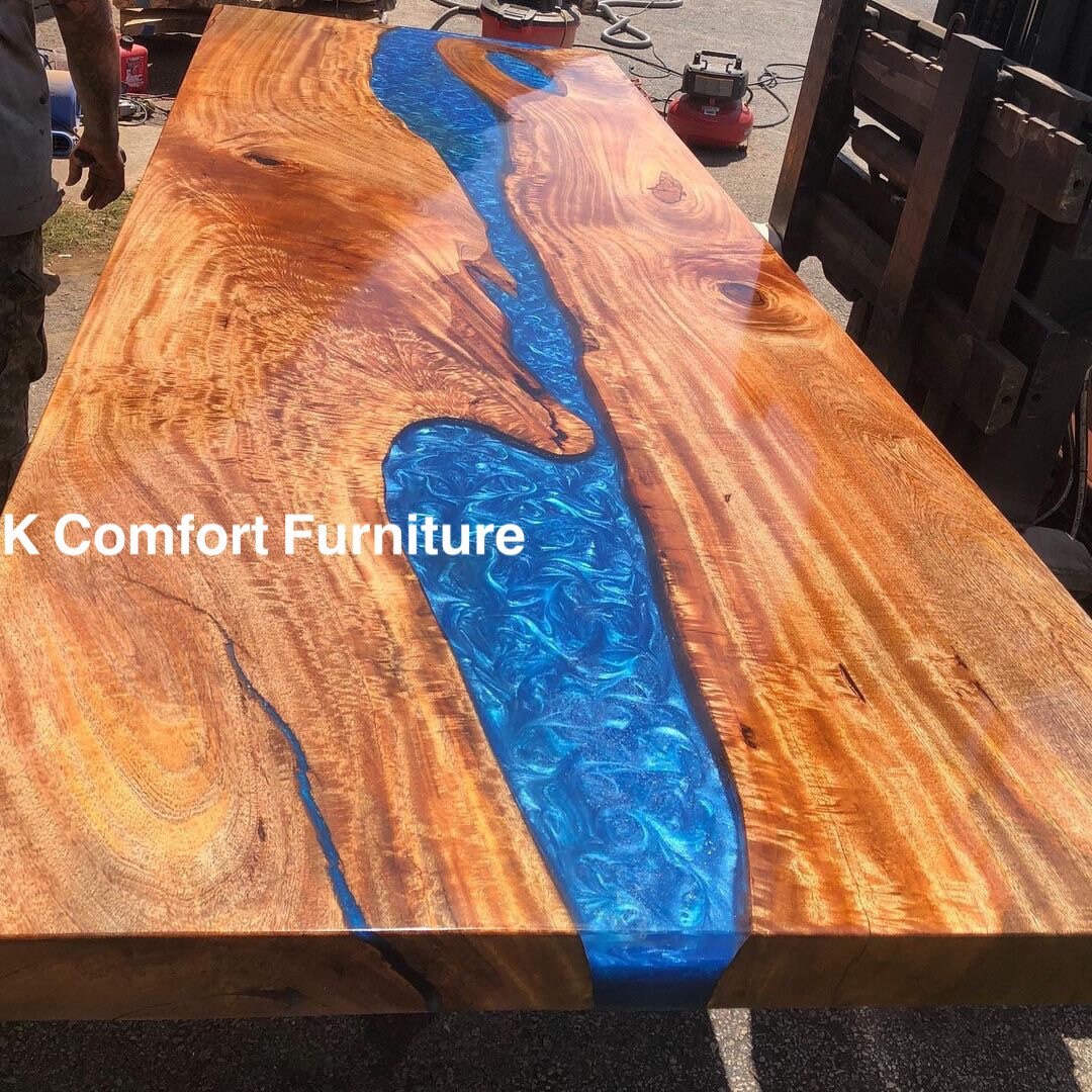 Blue Epoxy Swirl Table, Live Edge Table , Epoxy Ocean River , Natural