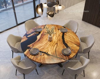 Handmade Round Wood Epoxy Table | Olive Wood Resin River Table | Luxury Modern Dining Room Furniture Live Edge River Living Room Table |