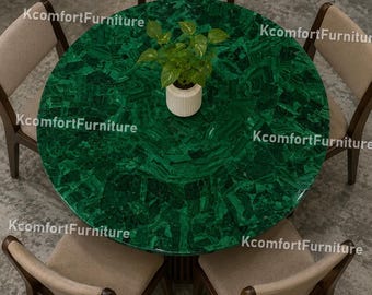 Random Work Inlay Malachite Table | Luxury Handmade Green Crystal Tabletop | Modern Glam Furniture Luxury Green Stone Dining Tabletop |