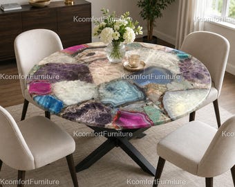 Luxury  Colorful Agate Coffee Table | Luxury Semi-Precious Stone Tabletop | Handmade Modern Decor Round Contemporary Dining Room Tabletop |