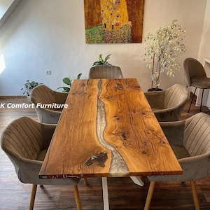 Luxus White Epoxy Esstisch, Live Edge Epoxy Tisch, Epoxy River, Naturholz, Holz Ozean Epoxy Tisch, weißer Harz Tisch, Tischplatte
