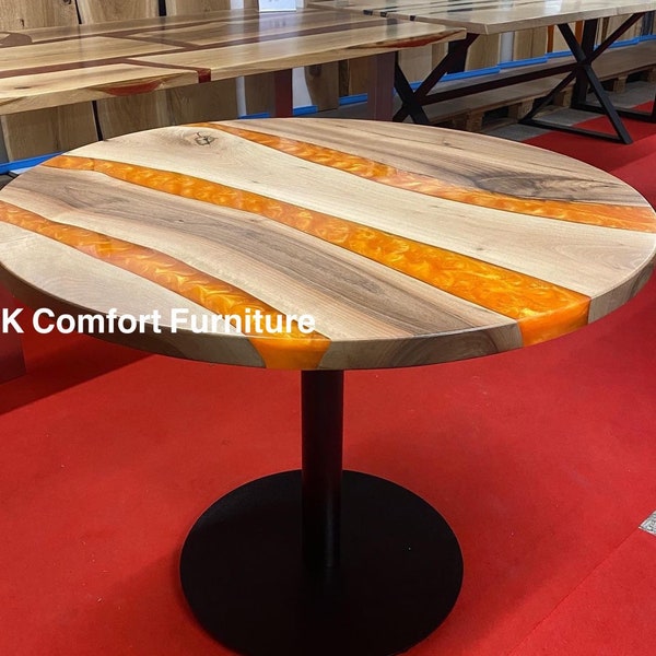 Orangefarbener runder Epoxidtisch / Live Edge-Holztisch / Epoxy Ocean River / Walnusstisch / Esstisch / Holzrunder Epoxidtisch / orangefarbener Harztisch