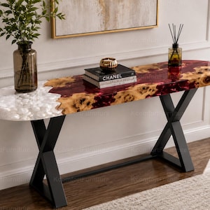 Luxury Live Edge Burl Wood Burgundy Epoxy Resin River Console Table Entryway Sofa Table Live Edge  Wood Deep Red Epoxy River Console Table
