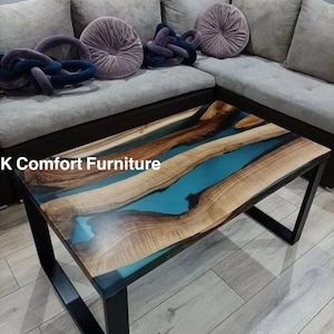 Blue Clear Epoxy Table/ Live Edge Wooden Table/ Epoxy Ocean River/ Natural Wood Dining table/ Wood Epoxy Table/ Blue Transparent Table top