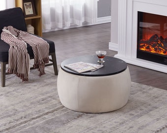 Round Storage Ottoman with Wooden Lid Beige