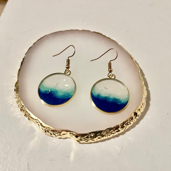 Handmade Gold and Blue Sparkly Resin Hoop Earrings