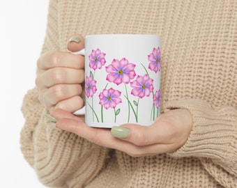 Pink and Purple Flower Garden White Mug | 11 oz. Ceramic Cup for Tea and Coffee