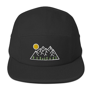 Mountain and Forest Landscape Embroidered 5 Panel Cap - Nature-inspired Hat for Outdoor Enthusiasts