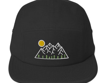Mountain and Forest Landscape Embroidered 5 Panel Cap - Nature-inspired Hat for Outdoor Enthusiasts