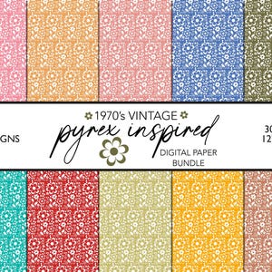 Op de afbeelding: Tien digitale papierontwerpen geïnspireerd door Pyrex-patronen uit de jaren 70. Elk ontwerp heeft een wit bloemenpatroon op een verscheidenheid aan gekleurde achtergronden, waaronder roze, oranje, blauw, groen, turquoise, rood, geel en bruin. De papieren zijn 30,48 cm bij 30,48 cm en 300 DPI.