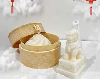 Xiao Long Bao w/ Bamboo Steamer Basket & Chinese Dragon Guardian Gift Set | Soy Wax Decorative Sculptural Candle | Chinese New Year Gift