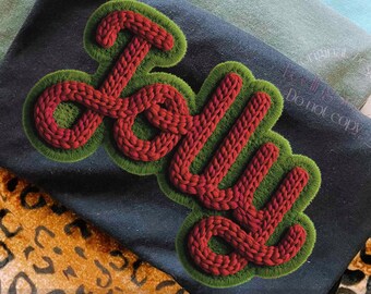 Jolly Faux Yarn PNG, Cozy Knitted Christmas Png, Crochet Hand Lettering, Fluffy Green Texture, Handmade Christmas Design, Merry Christmas