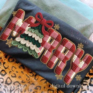 May include: A navy blue fabric with the word "MERRY" in red and white plaid letters, a green and white Christmas tree, and a red bow. Gold snowflakes are scattered around the text. The words "digital download" are at the bottom.