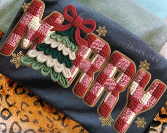 Merry Christmas, Checkered Yarn PNG, Red White Gingham Christmas Design, Christmas Embroidery Holiday Png, Christmas Knitted Tree PNG