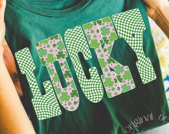 Lucky St Patrick PNG, Checkered Clover Letters, St Patricks day png, Green Pink Retro Lucky Graphic