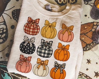 Coquette Pumpkin Bow PNG, Fall Plaid Polka Dot Pumpkins PNG, Retro Autumn Pumpkin with Bows, Cute Halloween Fall Coquette Design