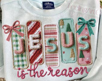 Knitted Jesus Is the Reason PNG, Christian Christmas Sublimation, Knitted Patch Coquette Holiday Design, Faith Christmas Digital Download