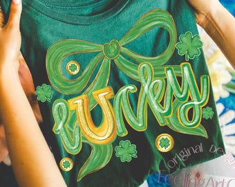 Preppy Lucky PNG, St Patrick’s Day Green Bow Shamrock Glitter Cute Girly Design, Irish Clover Png, Lucky Charm, Digital Download