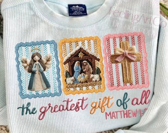 The Greatest Gift of All Matthew 1:21 PNG, Knitted Christian Nativity Scene Patch Design, Faith Christmas Sublimation, Cozy Coquette Holiday