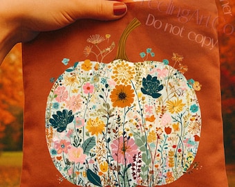Floral Pumpkin PNG, Cottagecore Fall Sublimation Design, Autumn Wildflower PNG, Pumpkin png, Wildflower Autumn Design, Boho Fall png, Retro