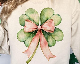4 Leaf Clover with Pink Bow, Coquette Shamrock Digital Art, St. Patrick’s Day Clipart PNG for Sublimation & Crafts, St.Pattys Day png
