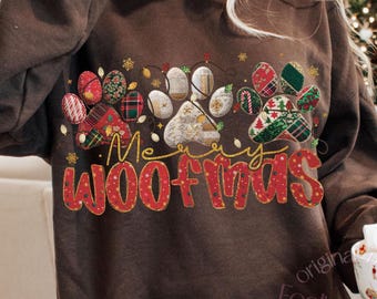 Buon Natale PNG, Natale con cane PNG, Impronte di zampe patchwork, Mamma cane PNG, Buon Natale png, Sublimazione festiva, Natale vintage PNG