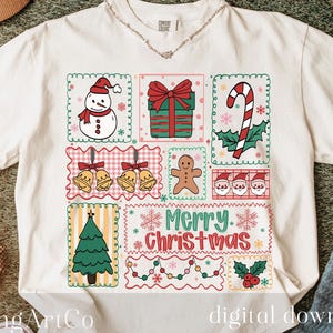 May include: Cream-colored t-shirt featuring a festive Christmas design. The design includes a snowman, wrapped gift, candy cane, bells, gingerbread man, Santa faces, Christmas tree, and the words "Merry Christmas." The shirt is a digital download.