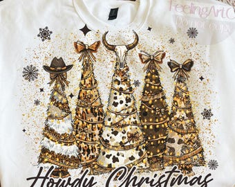Howdy Christmas PNG, Western Christmas Png, Retro Christmas Tree Png, Western Cow Print Tree PNG, Leopard Holiday Sublimation, Cowgirl png