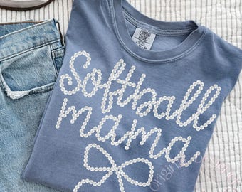 Softball Mama Pearl Rhinestone PNG, Coquette Bow Sports Mom Design, Bling Softball Mama Graphic, Softball Sublimation