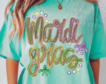 Mardi Gras PNG Colorful Hand Lettered Text Purple Green Gold Festive Typography Design