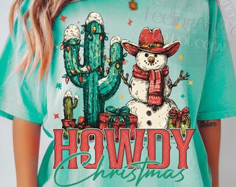 Howdy Christmas PNG, Western Cowboy Weihnachten Png, Schneemann, Kaktus PNG, Rustikaler Südwesten Urlaub PNG, Weihnachtssublimationsdesign