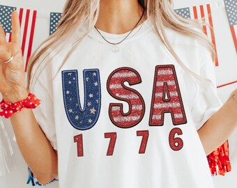 Faux Sequins USA 1776 Png, America Png for shirts, 4th Of July Png Designs, 4th of july sublimation download, Faux Embroidery, America png