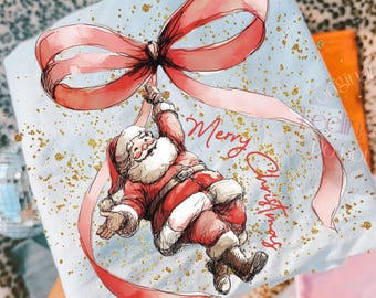 Hand Drawn Santa PNG, Retro Pink Bow Christmas Illustration, Coquette Merry Christmas Png, Santa Claus png, Gold Glitter Xmas Santa Design