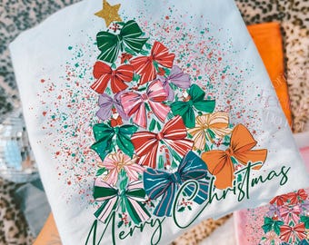 Coquette Bow Christmas Tree PNG, Retro Christmas Glitter PNG, Festive Merry Christmas Ornament Sublimation PNG, Holiday Sublimation Design