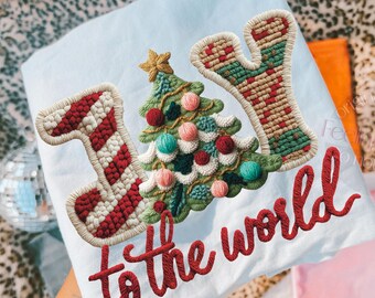 Crochet Joy to the World PNG, Knitted Christmas Tree Patch Design, Puffy Yarn Texture Holiday, Christian Png, Cozy  Chenille Christmas PNG