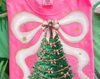 Preppy Pink Christmas Tree PNG, Christmas png, Coquette Pink Bow Png, Christmas Shirt Design, Cute Retro Xmas Tree Png, Festive Png, Xmas