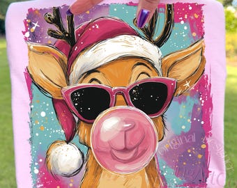 PNG di Natale con renna preppy, design di sublimazione di un cervo rosa civettuolo, download di PNG di Natale colorato, PNG di Natale retrò, download digitale