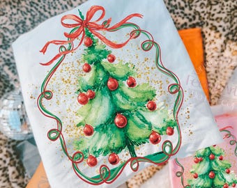 Watercolor Preppy Coquette Christmas Tree PNG, Holiday Png, Glitter Christmas PNG, Christmas Bow Png, Christmas Ornament Sublimation PNG