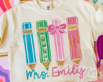 Personalized Teacher PNG Sublimation, Custom Name Painted Pencil File, Teacher Appreciation Gift, Colorful Back To School Download