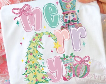 Frohe Weihnachten PNG, Retro Kokette Weihnachten, Adreppiger Nussknacker, Preppy Weihnachtsbaum Digitaler Download