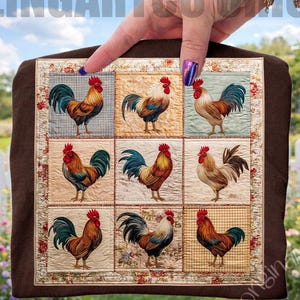 May include: A brown square fabric item with a patchwork design of nine rooster illustrations. Each rooster is depicted in a different pose and colour scheme, set against a floral and checkered background. The text "FeelingArtCo Original" is visible.
