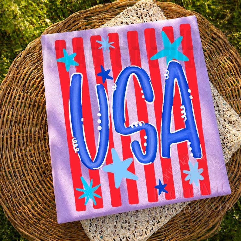 May include: A patriotic design with the word "USA" in blue, outlined in white, on a lavender background with red stripes. Turquoise stars are scattered across the design, creating a festive and celebratory atmosphere.