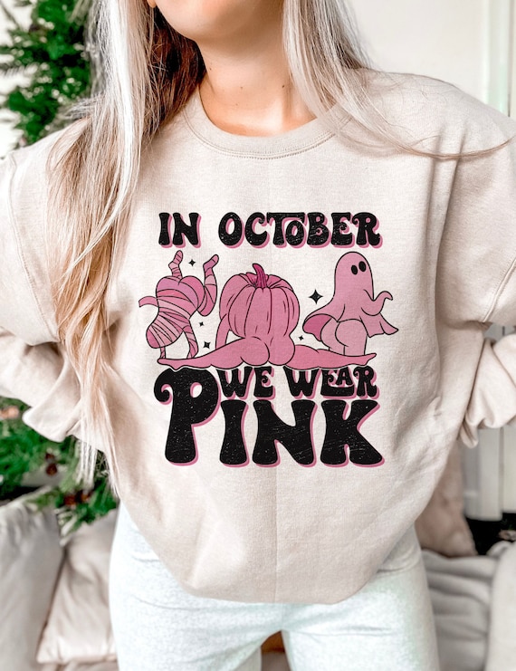 Breast Cancer Awareness Png, in October we wear pink Png, Pink Ghost png, October awareness month, Pink retro cancer ribbon sublimation